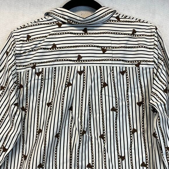 CHICO’S Women’s Button Down Shirt Size 1 (8) White Black Chain Tassel Print - Picture 8 of 9